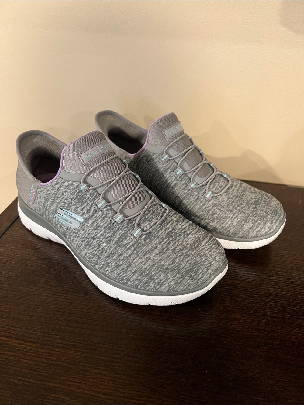 Skechers Gray Slip-On Athletic Shoes with Light Blue and Purple Accents